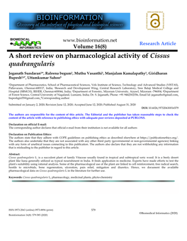 A Short Review on Pharmacological Activity of Cissus Quadrangularis