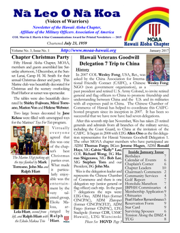 Na Leo O Na Koa (Voices of Warriors) Newsletter of the Hawaii Aloha Chapter, Affiliate of the Military Officers Association of America COL Marvin J