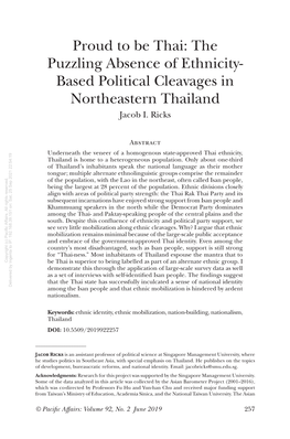 The Puzzling Absence of Ethnicity-Based Political Cleavages in Northeastern Thailand
