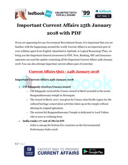 Important Current Affairs 25Th January 2018 with PDF