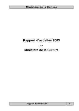 Rapport D'activités 2003 Ministère De La Culture
