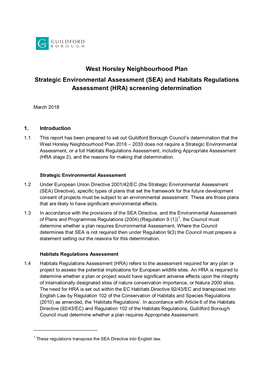 West Horsley Neighbourhood Plan Strategic Environmental Assessment (SEA) and Habitats Regulations Assessment (HRA) Screening Determination