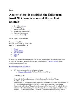 Ancient Steroids Establish the Ediacaran Fossil Dickinsonia As One of the Earliest Animals