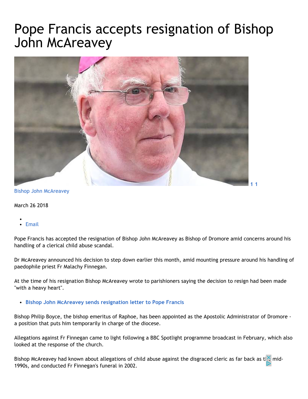 Pope Francis Accepts Resignation of Bishop John Mcareavey