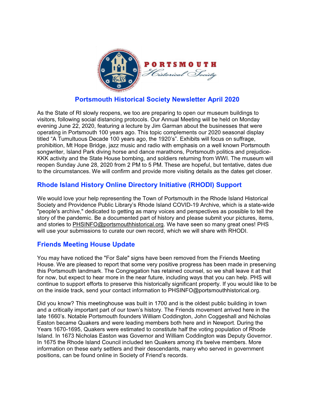 Portsmouth Historical Society Newsletter April 2020 Rhode Island History Online Directory Initiative (RHODI) Support Friends Me