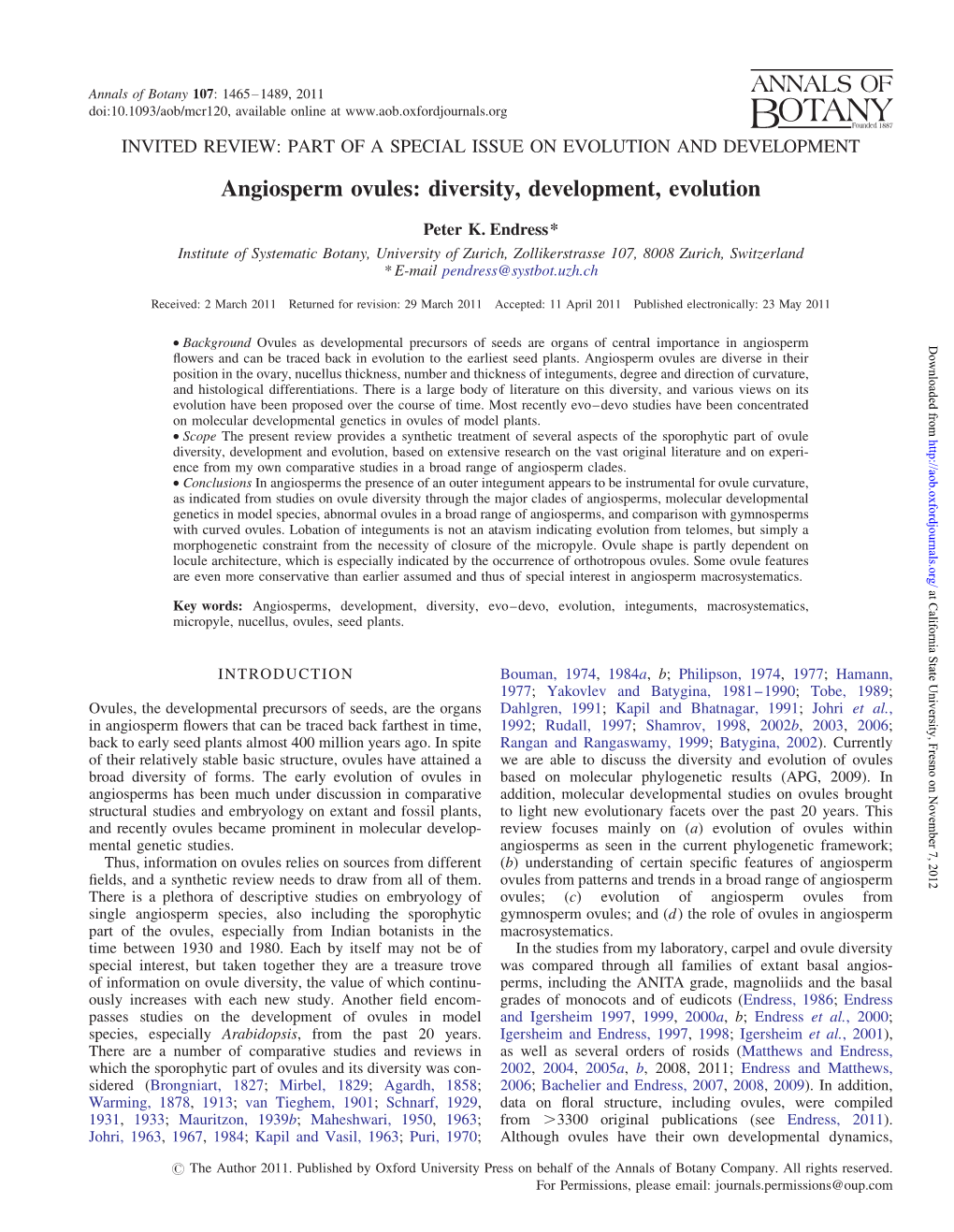 Angiosperm Ovules: Diversity, Development, Evolution