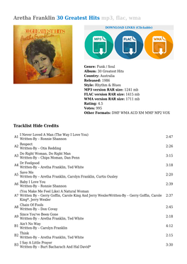 Aretha Franklin 30 Greatest Hits Mp3, Flac, Wma