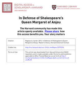 In Defense of Shakespeare's Queen Margaret of Anjou