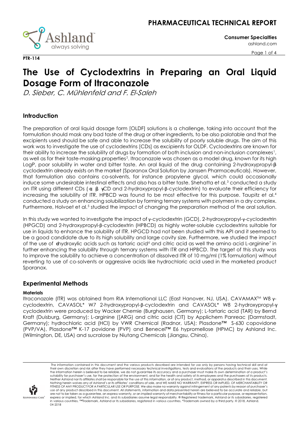 The Use of Cyclodextrins in Preparing an Oral Liquid Dosage Form of Itraconazole D