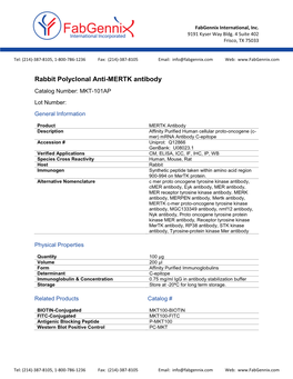 MERTK Antibody Catalog Number: MKT-101AP Lot Number: General Information