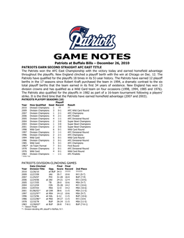 GAME NOTES Patriots at Buffalo Bills – December 26, 2010