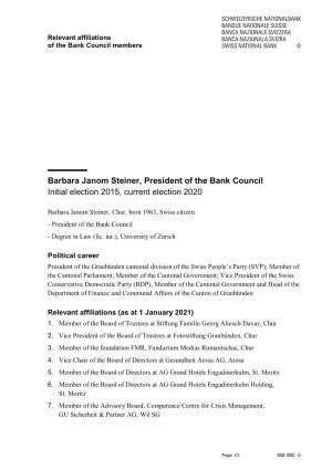 Barbara Janom Steiner, President of the Bank Council Initial Election 2015, Current Election 2020