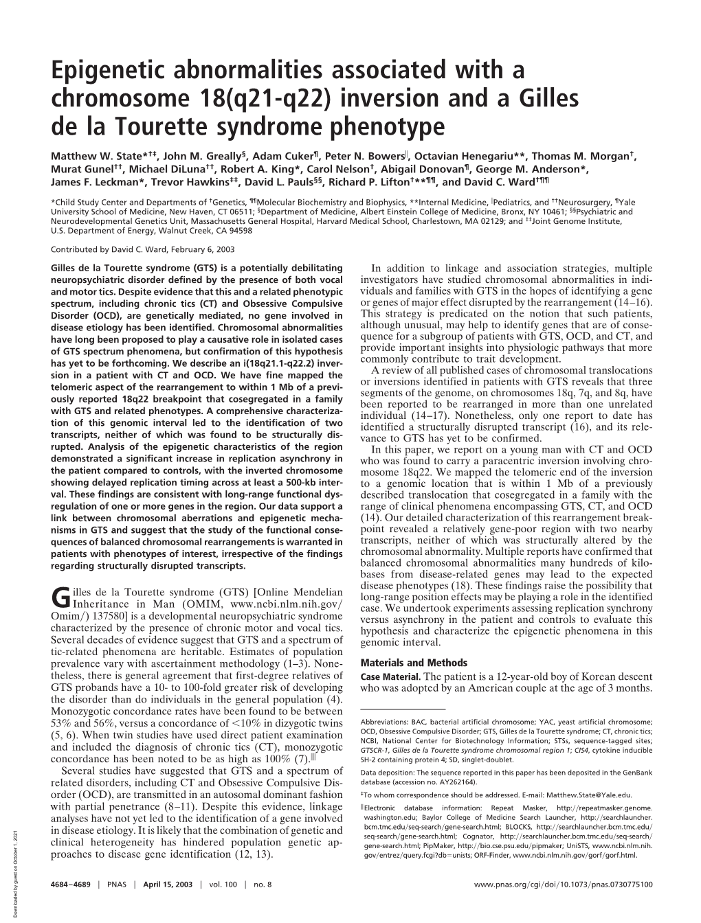 Epigenetic Abnormalities Associated with a Chromosome 18(Q21-Q22) Inversion and a Gilles De La Tourette Syndrome Phenotype