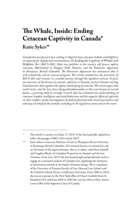 The Whale, Inside: Ending Cetacean Captivity in Canada* Katie Sykes**