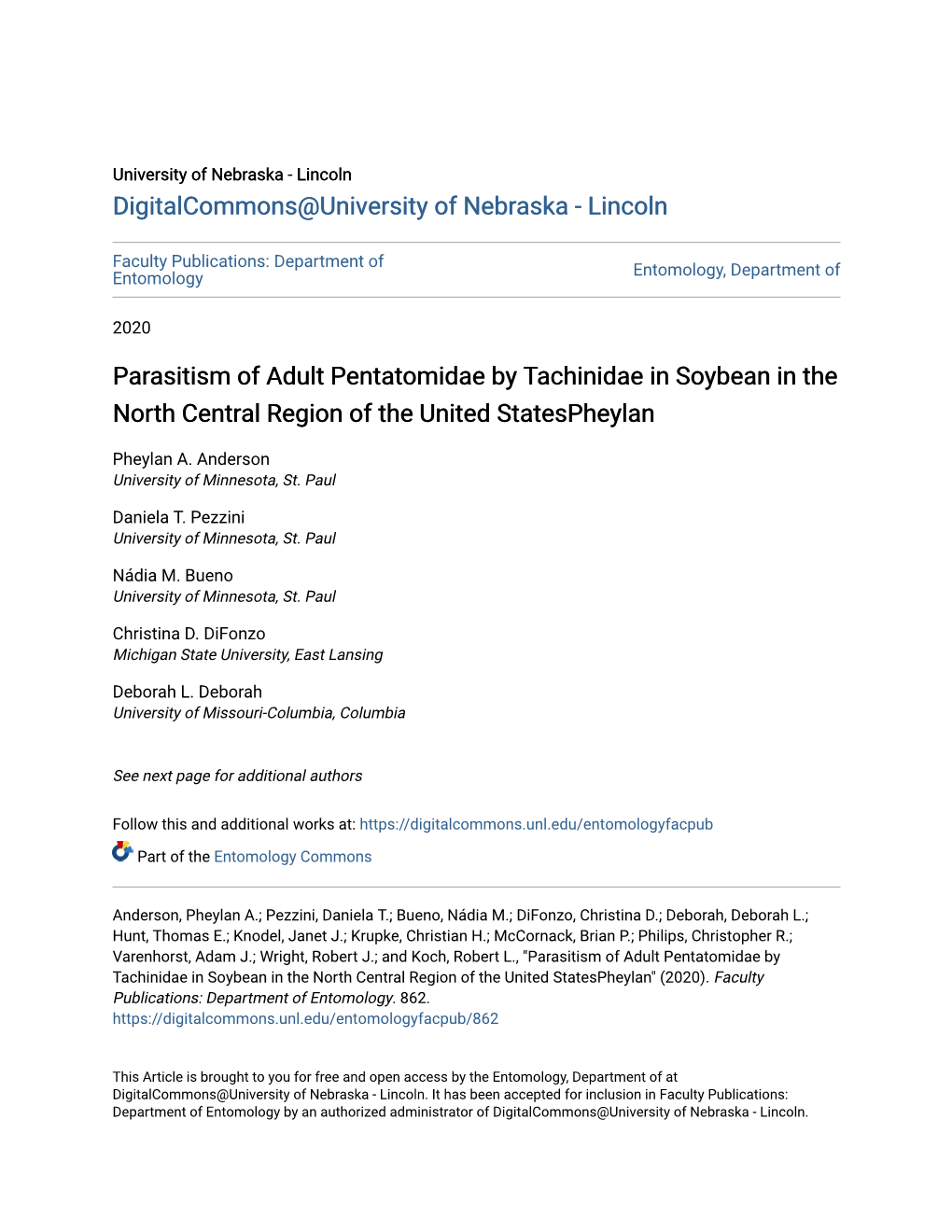 Parasitism of Adult Pentatomidae by Tachinidae in Soybean in the North Central Region of the United Statespheylan