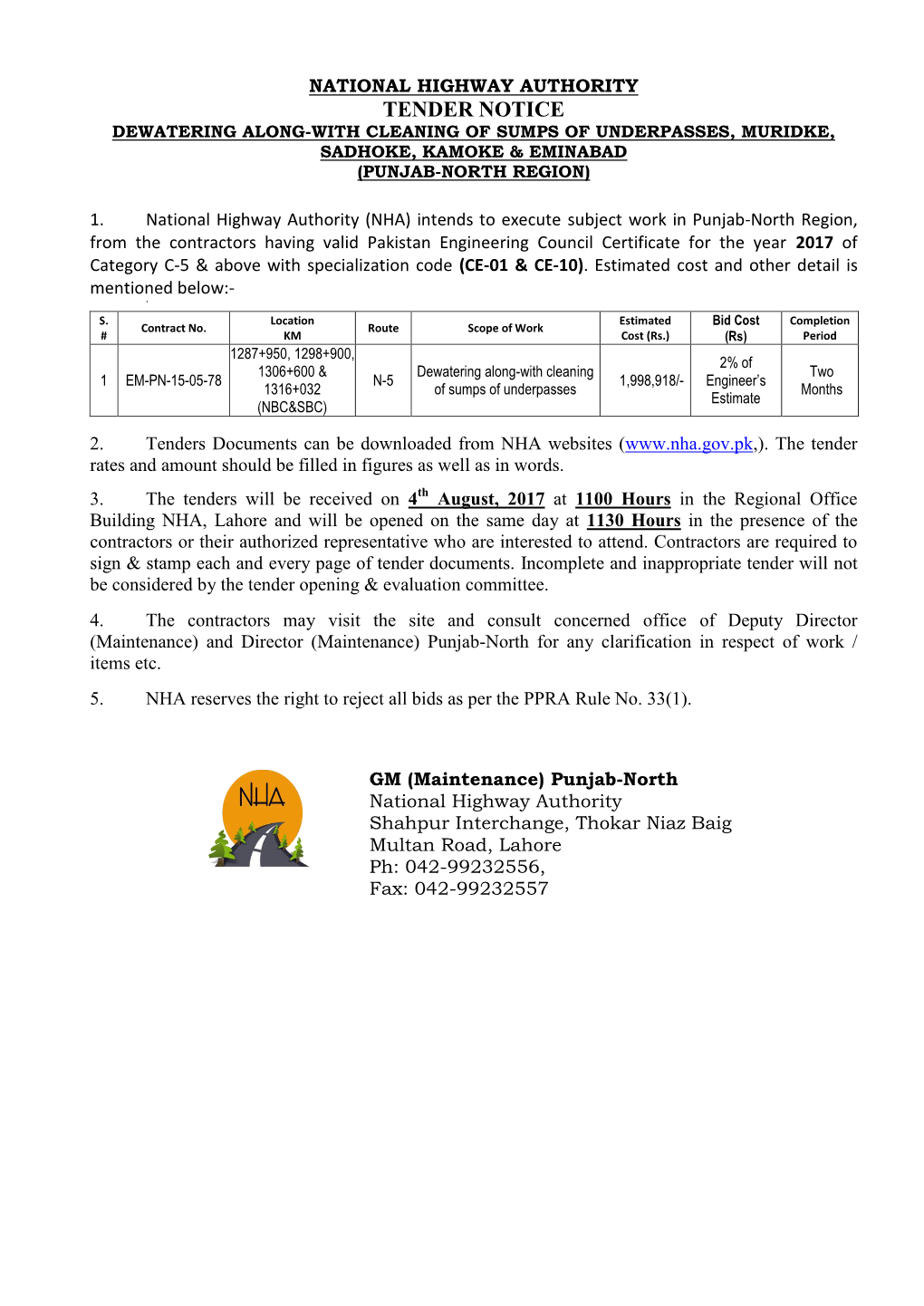 Tender Notice Dewatering Along-With Cleaning of Sumps of Underpasses, Muridke, Sadhoke, Kamoke & Eminabad (Punjab-North Region)