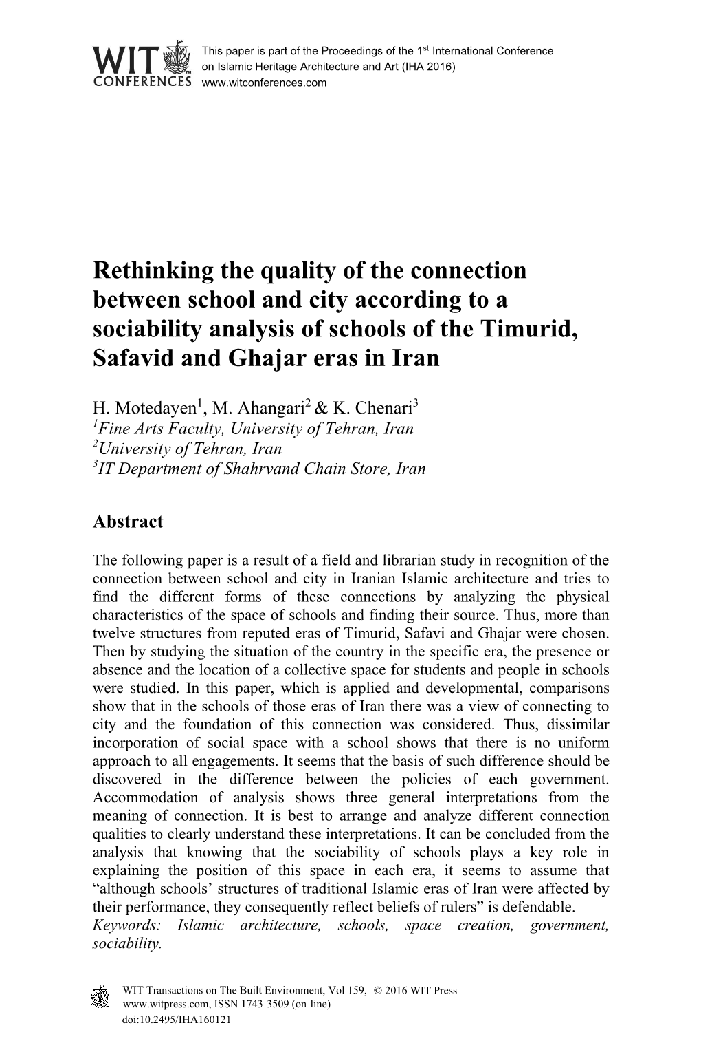 Rethinking the Quality of the Connection Between School and City According to a Sociability Analysis of Schools of the Timurid, Safavid and Ghajar Eras in Iran