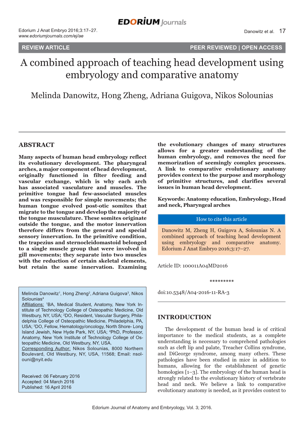 A Combined Approach of Teaching Head Development Using Embryology and Comparative Anatomy