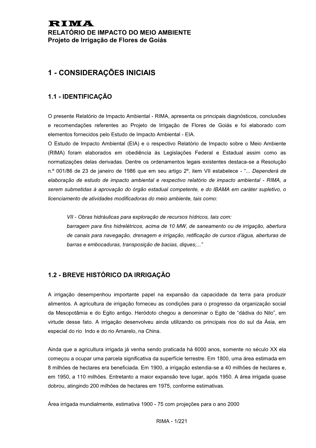 RIMA RELATÓRIO DE IMPACTO DO MEIO AMBIENTE Projeto De Irrigação De Flores De Goiás