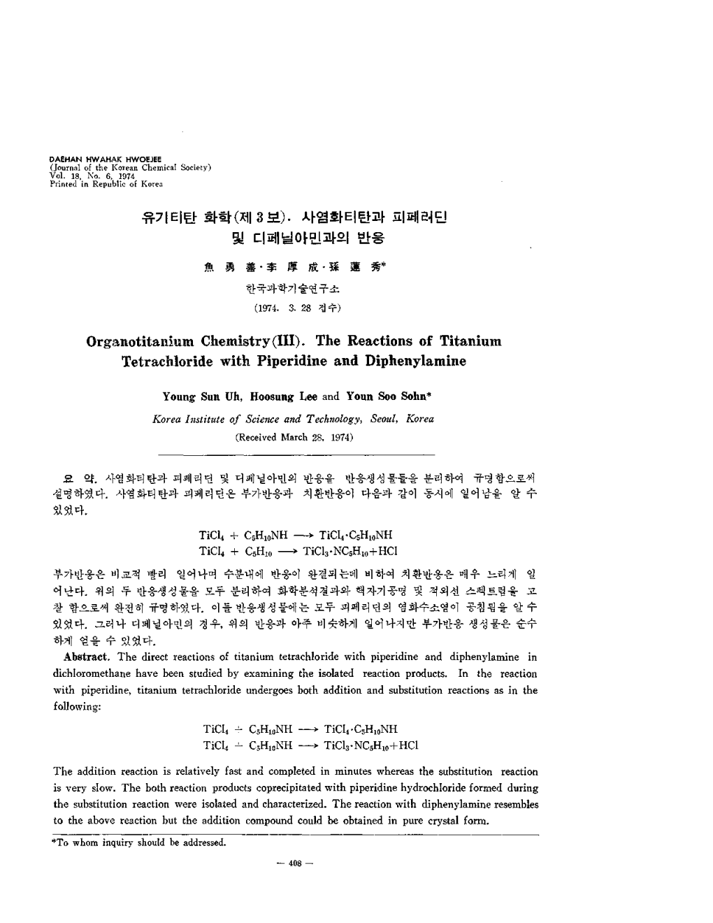 (III). the Reactions of Titanium Tetrachloride with Piperidine and Diphenylamine