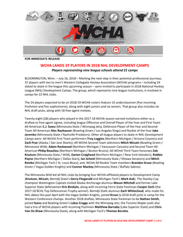 WCHA LANDS 37 PLAYERS in 2018 NHL DEVELOPMENT CAMPS Players Representing Nine League Schools Attend 21 Camps