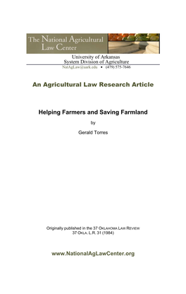 An Agricultural Law Research Article Helping Farmers and Saving