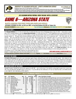 GAME 6—ARIZONA STATE BUFFS LOOKING for FIRST-EVER WIN OVER SUN DEVILS SATURDAY, OCTOBER 10, 2015 8:07 P.M