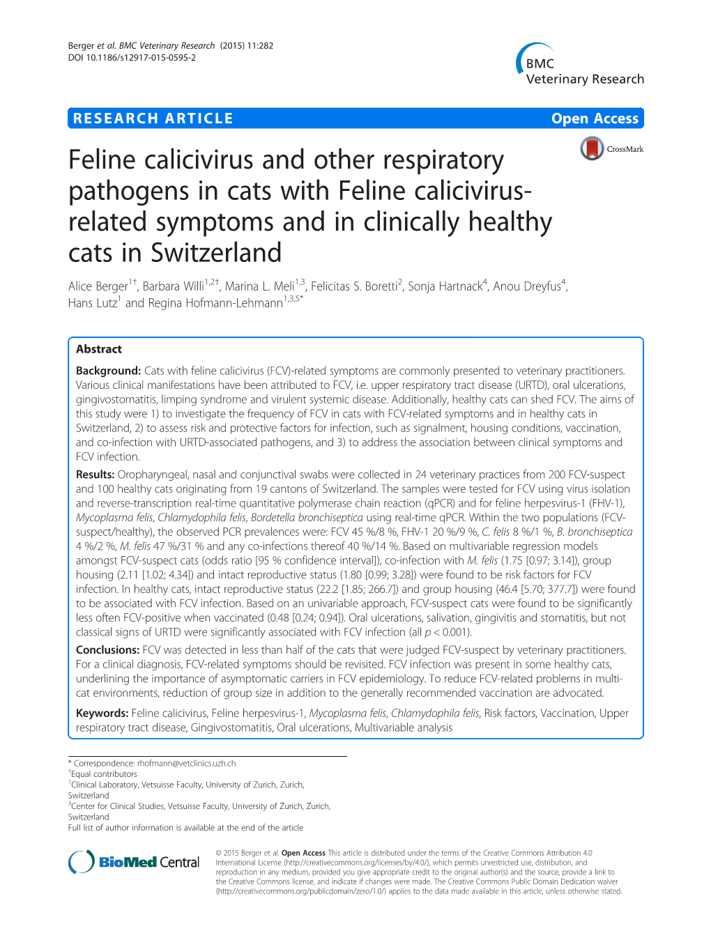 Feline Calicivirus and Other Respiratory Pathogens in Cats