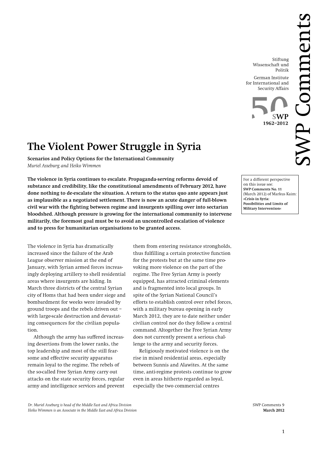 The Violent Power Struggle in Syria WP Scenarios and Policy Options for the International Community