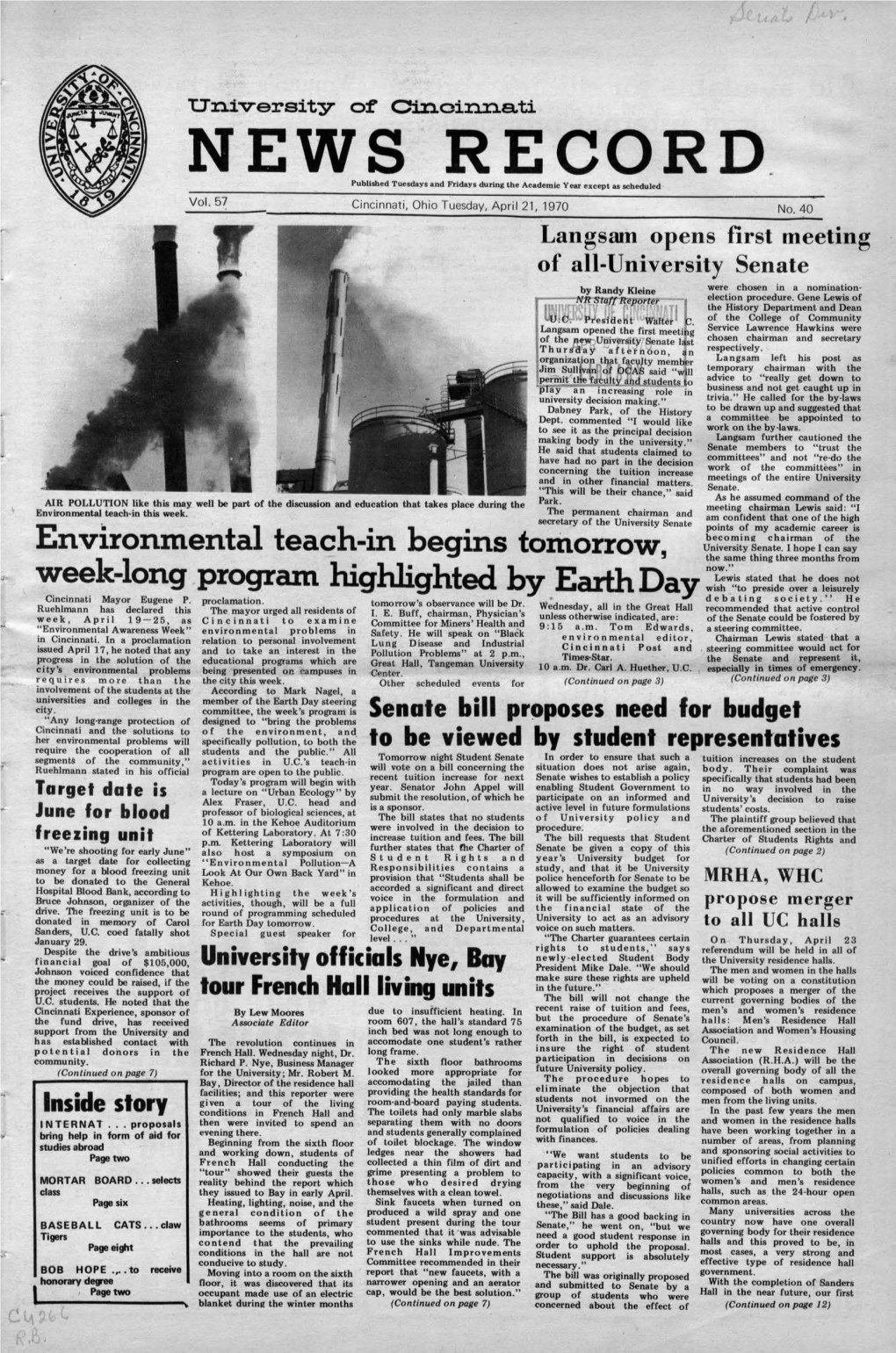 University of Cincinnati News Record. Tuesday, April 21, 1970. Vol. LVII