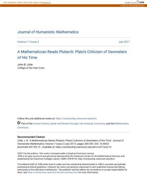A Mathematician Reads Plutarch: Plato's Criticism of Geometers of His Time