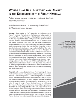 Words That Kill: Rhetoric and Reality in the Discourse of the Front National Palavras Que Matam: Retórica E Realidade Da Frente Nacional Francesa