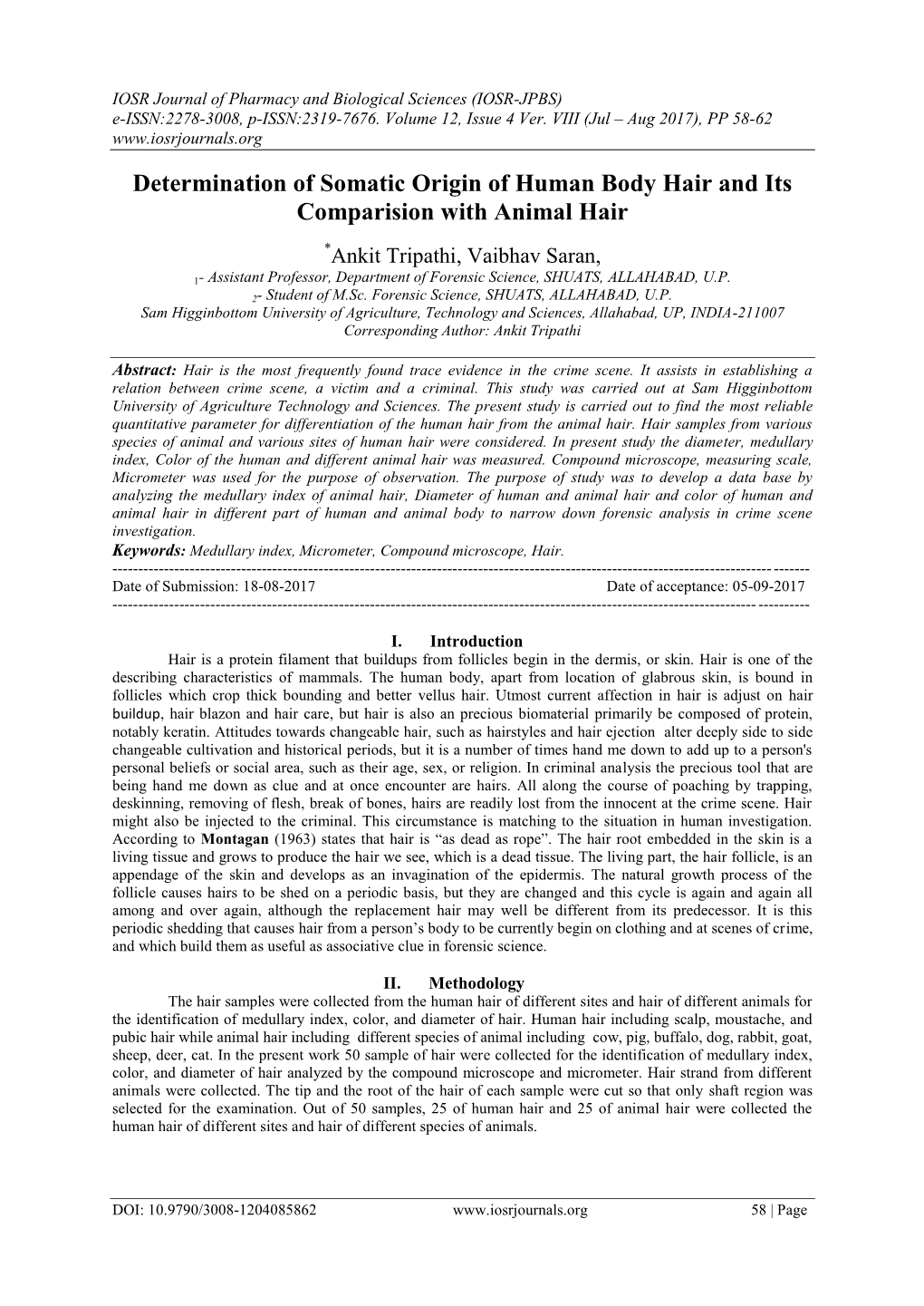 Determination of Somatic Origin of Human Body Hair and Its Comparision ...