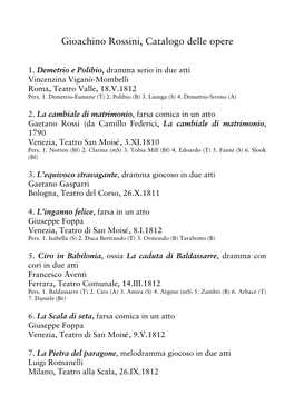 Gioachino Rossini, Catalogo Delle Opere