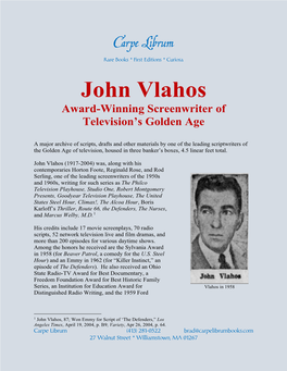 John Vlahos Award-Winning Screenwriter of Television’S Golden Age