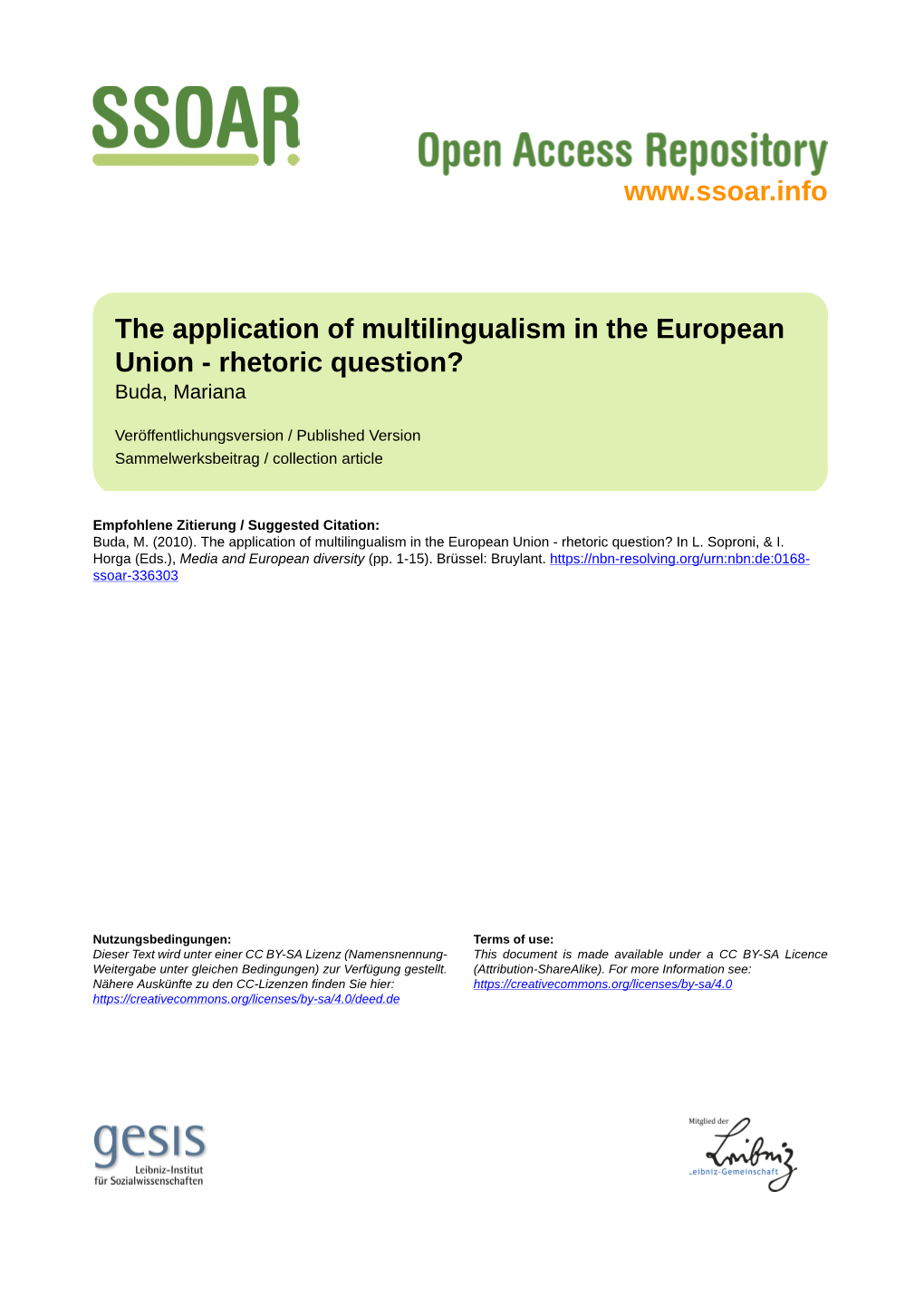 The Application of Multilingualism in the European Union - Rhetoric Question? Buda, Mariana