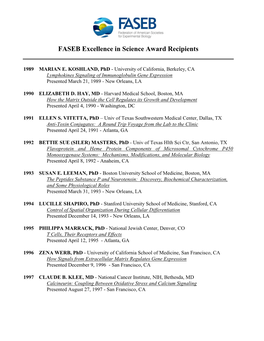FASEB Excellence in Science Award Recipients