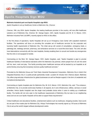 Apollo Hospitals Sign MOU