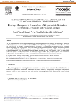 Earnings Management: an Analysis of Opportunistic Behaviour, Monitoring Mechanism and Financial Distress