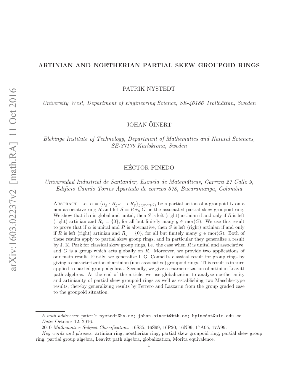 Arxiv:1603.02237V2 [Math.RA]