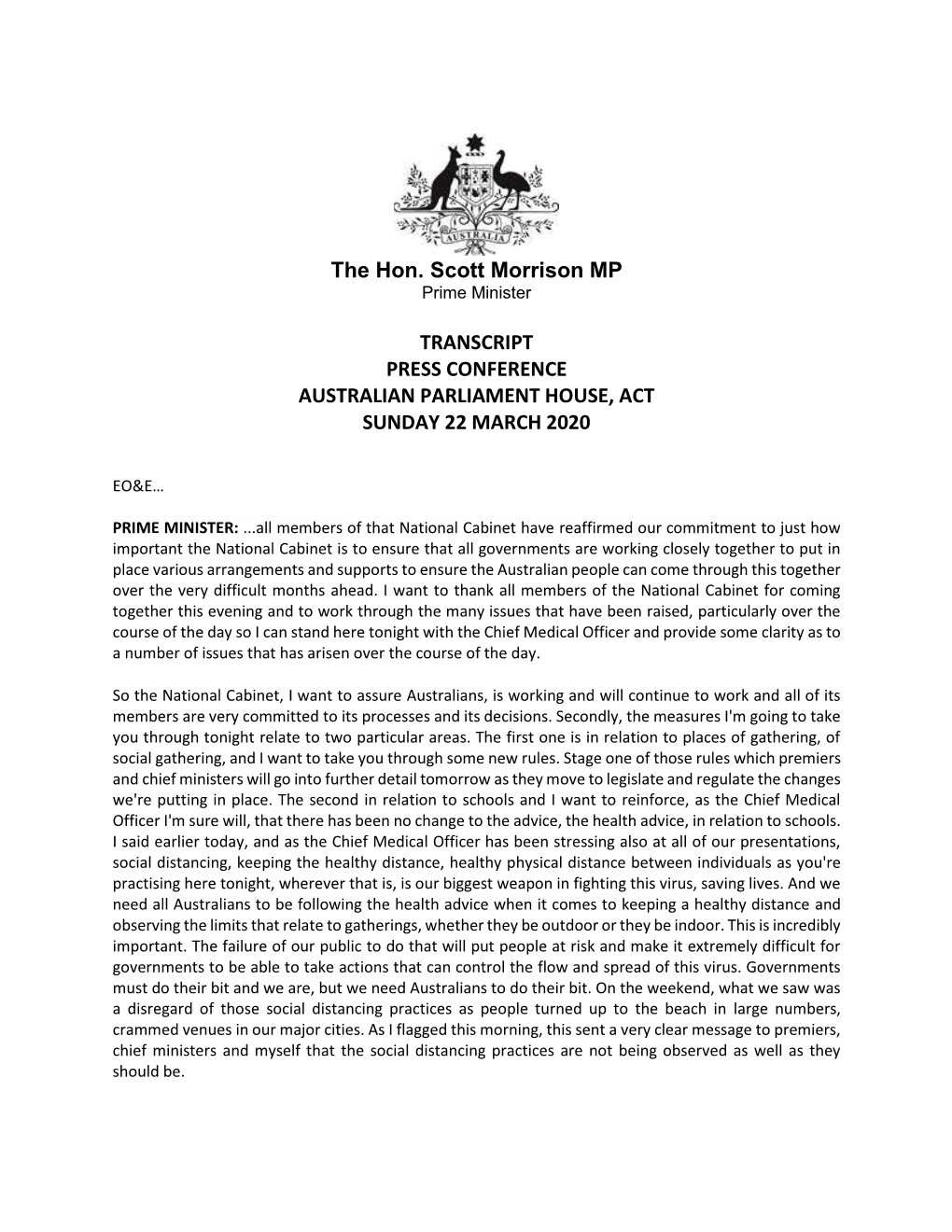 The Hon. Scott Morrison MP TRANSCRIPT PRESS