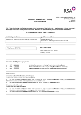 Directors and Officers Liability Policy Schedule