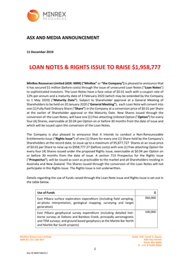 Loan Notes & Rights Issue to Raise $1,958,777