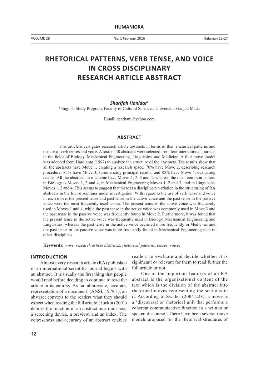 Rhetorical Patterns, Verb Tense, and Voice in Cross Disciplinary Research Article Abstract
