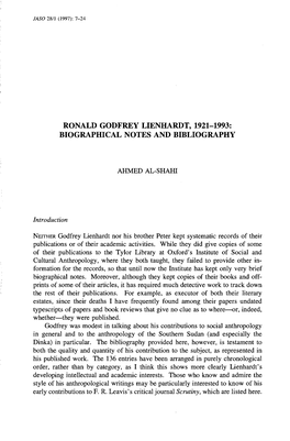 Ronald Godfrey Lienhardt, 1921-1993: Biographical Notes and Bibliography