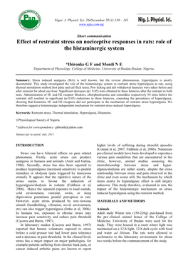 Effect of Restraint Stress on Nociceptive Responses in Rats: Role of the Histaminergic System