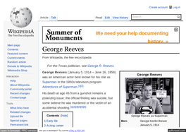 George Reeves Featured Content Current Events from Wikipedia, the Free Encyclopedia Random Article Donate to Wikipedia for the Texas Politician, See George R
