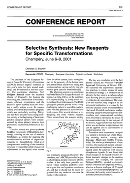 Selective Synthesis: New Reagents for Specific Transformations Champery, June 6-9, 2001