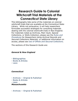 Research Guide to Colonial Witchcraft Trial Materials at the Connecticut