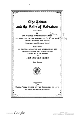 The Zodiac and the Salts of Salvation. Part One, by Dr. George